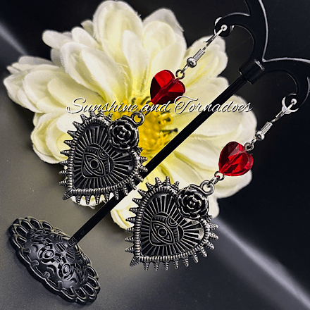 Gothic Sacred Heart Eye Earrings with Red Crystal, Handmade Dark Jewellery, Alternative Statement Earrings, Occult Goth Gift, Victorian Style Dangle Earrings - Image 4