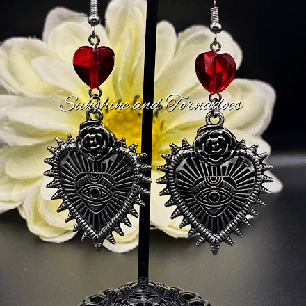 Gothic Sacred Heart Eye Earrings with Red Crystal, Handmade Dark Jewellery, Alternative Statement Earrings, Occult Goth Gift, Victorian Style Dangle Earrings - Image 3