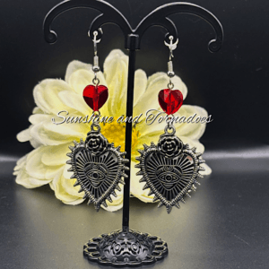 Gothic Sacred Heart Eye Earrings with Red Crystal, Handmade Dark Jewellery, Alternative Statement Earrings, Occult Goth Gift, Victorian Style Dangle Earrings