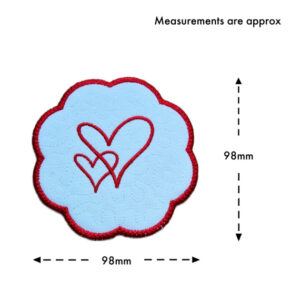 Heart candle coaster size guide showing the embroidered scalloped coaster measuring approximately 98mm by 98mm.