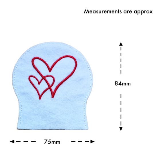 Heart tealight cover size guide showing the embroidered white felt cover measuring approximately 75mm wide by 84mm high.