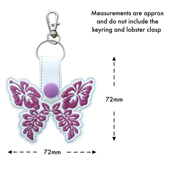 White faux leather hibiscus butterfly keyring with size guide showing approximate measurements of 72mm x 72mm, excluding the keyring and lobster clasp.