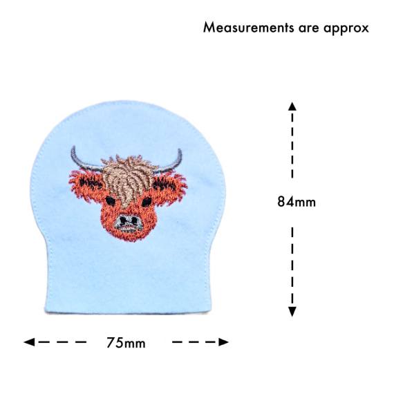 Highland cow tealight cover size guide showing the embroidered felt cover measuring approximately 75mm wide by 84mm high.