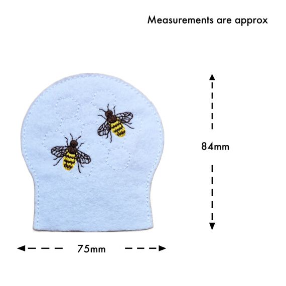 Honey bee tealight cover size guide showing the embroidered white felt cover with stitched bees and honeycomb detail, measuring approximately 75mm x 84mm.