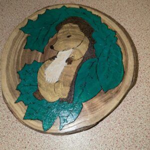 Hand-Painted Wooden Log Slice with Adorable Hedgehog Design