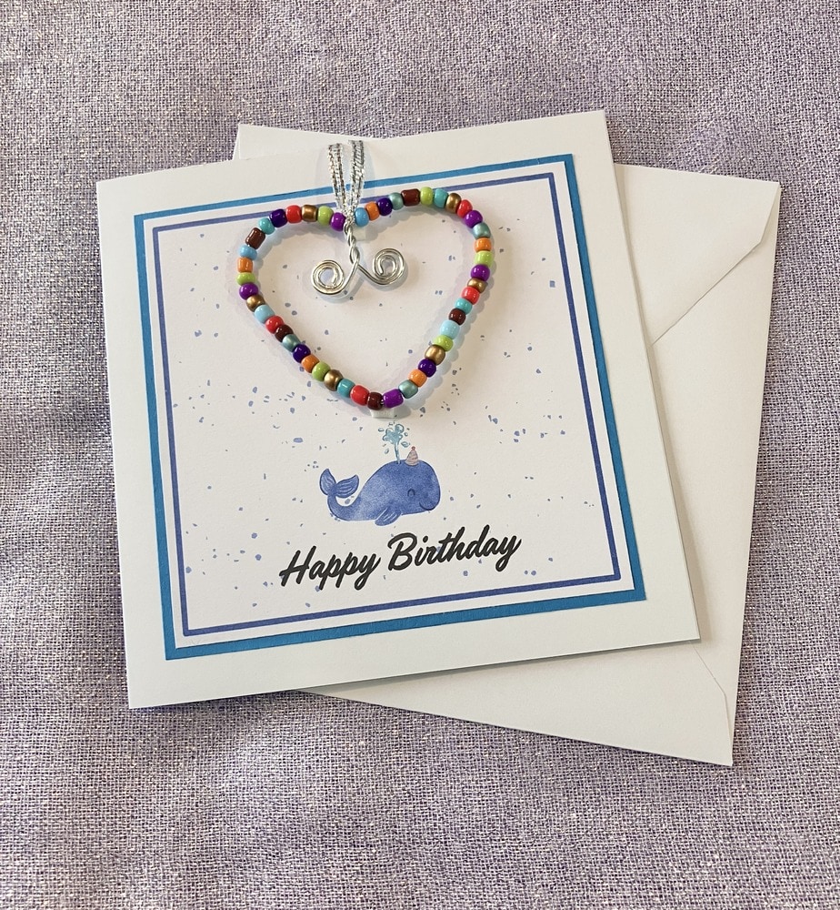 Happy Birthday Beaded Heart Card (Whale Design)