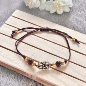 Adjustable Flower Connector Bracelet with Wooden and Gold Plated Beads
