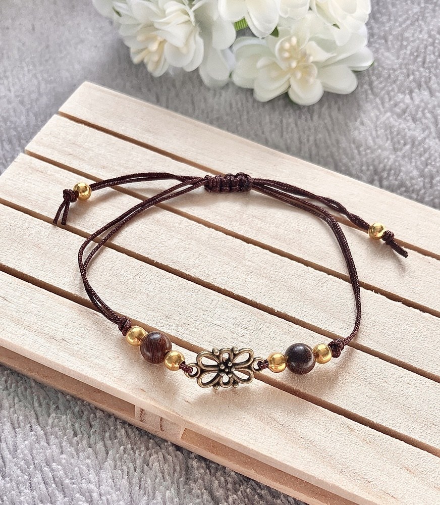 Adjustable Flower Connector Bracelet with Wooden and Gold Plated Beads