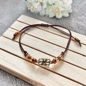 Adjustable Flower Connector Bracelet with Brown Tone Seed Beads