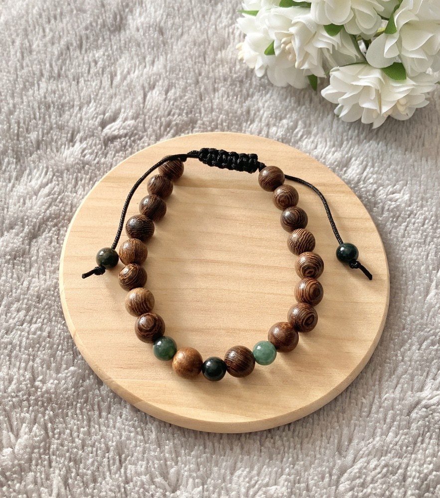Men's Adjustable Wing Wood and Moss Grass Agate Bracelet
