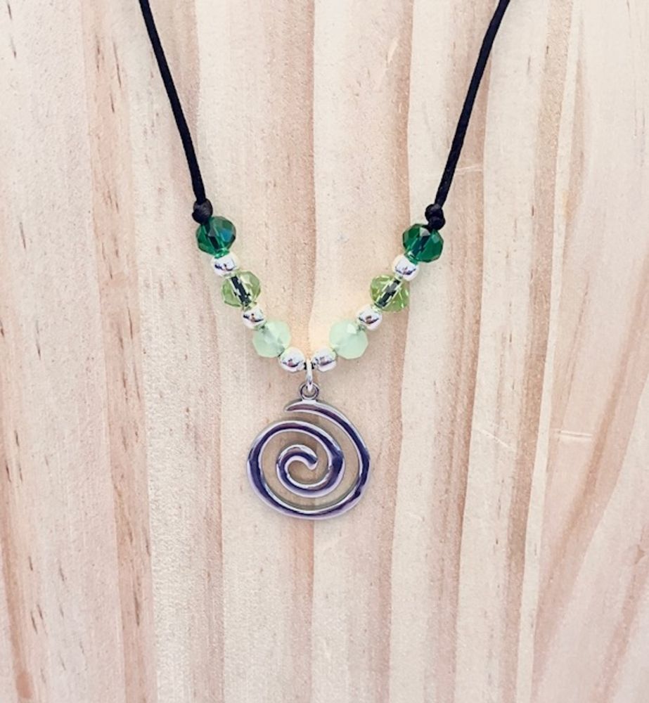 Spiral Pendant Necklace with Green Crystal Beads