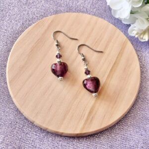 Purple Glass Lampwork Heart Earrings