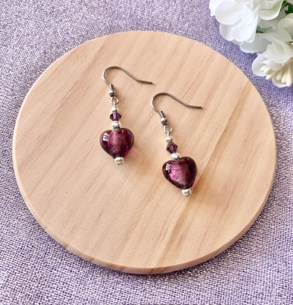 Purple Glass Lampwork Heart Earrings