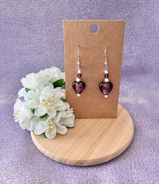 Purple Glass Lampwork Heart Earrings - Image 2