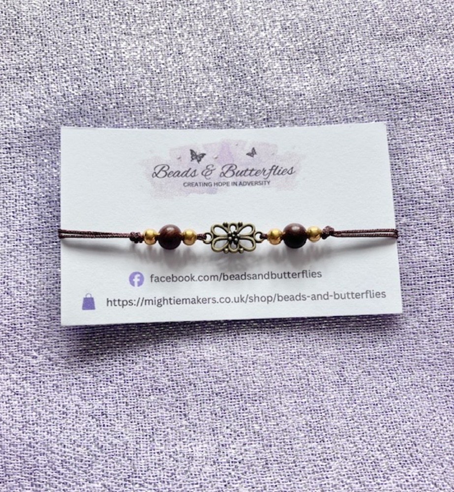 Adjustable Flower Connector Bracelet with Wooden and Gold Plated Beads - Image 2