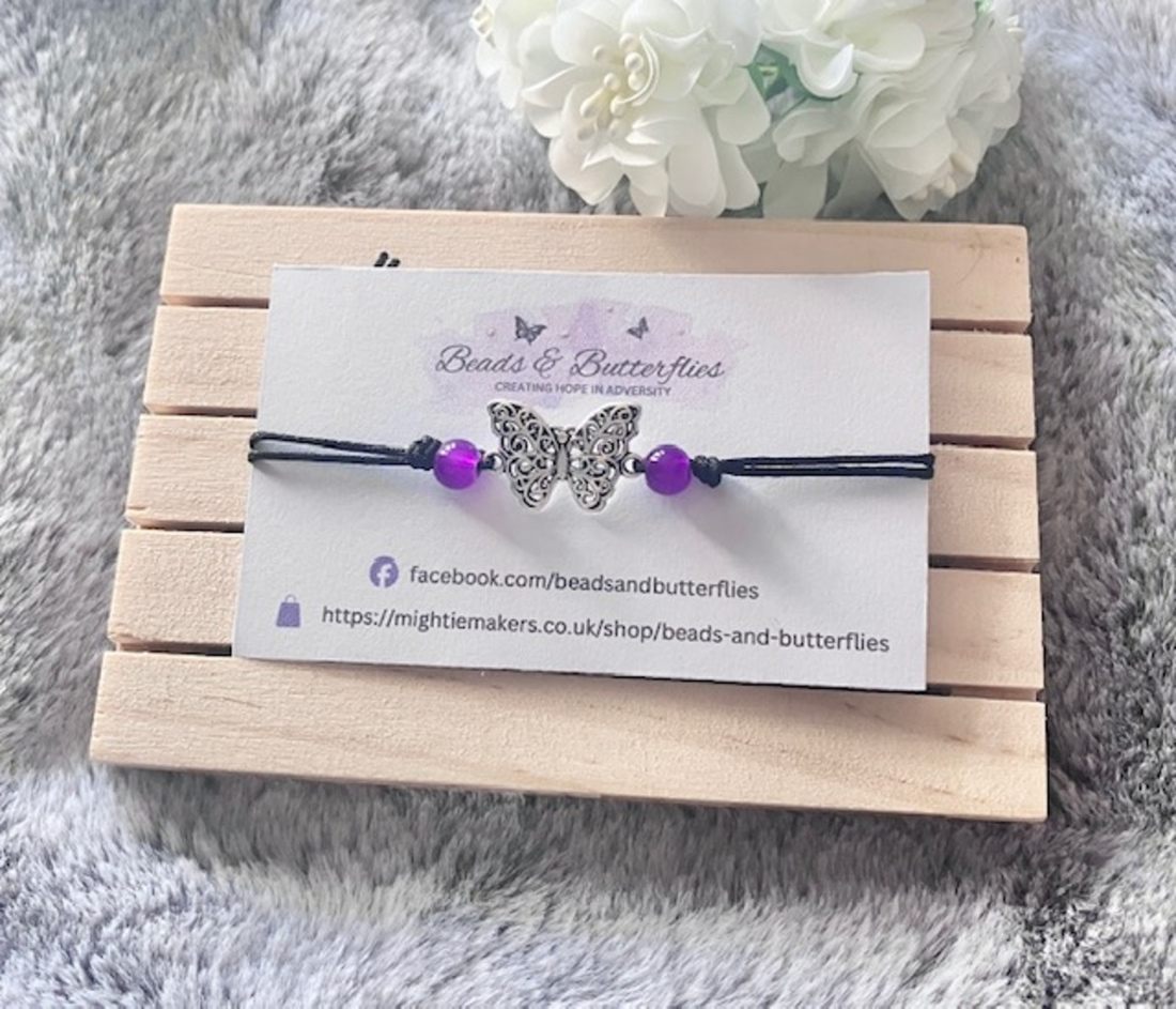 Adjustable Butterfly Connector Bracelet with Purple Beads