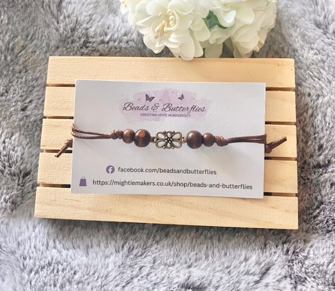 Adjustable Flower Connector Bracelet with Wooden Beads