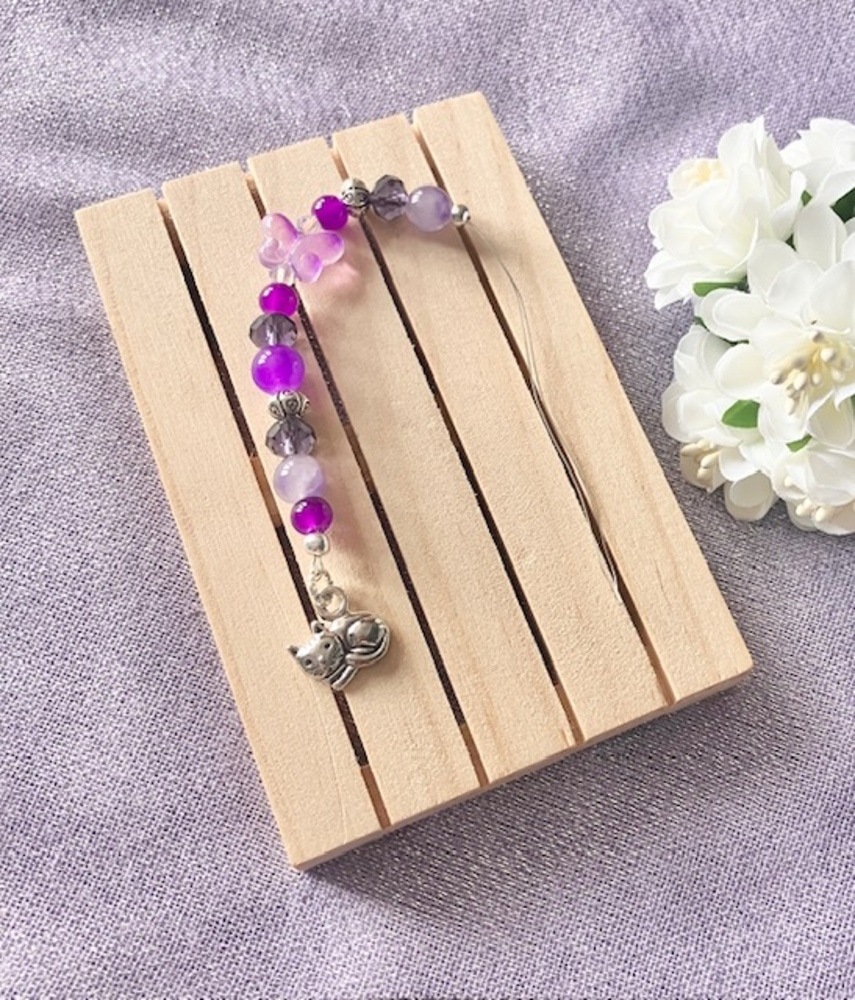 Purple & Silver Beaded Needle Threader with Cat Charm
