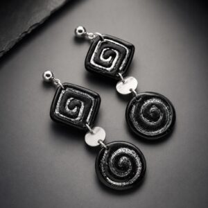 Black Spiral Statement Earrings Handmade Monochrome Polymer Clay Earrings • Gothic-Inspired Jewellery • Lightweight UK Statement Earrings