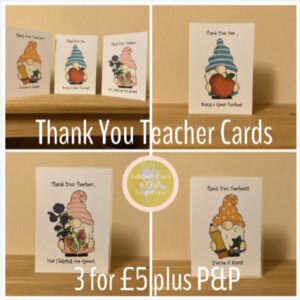Pack of 3 Gorgeous Gonks Thank You Teacher A6 Cards with envelopes.