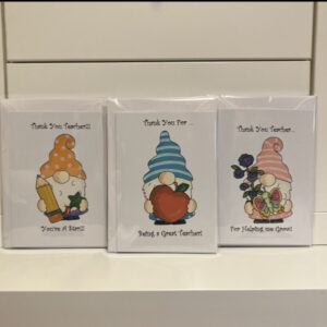 Pack of 3 Gorgeous Gonks Thank You Teacher A6 Cards with envelopes.