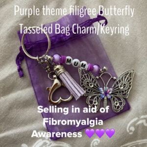 Butterfly Bag Charm/Keyring Purple colour scheme and Any Name Personalisation. Selling in aid of Fibromyalgia Action UK
