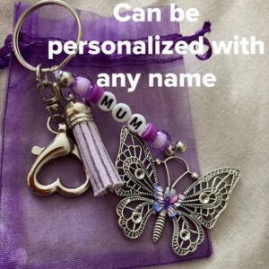 Butterfly Bag Charm/Keyring Purple colour scheme and Any Name Personalisation. Selling in aid of Fibromyalgia Action UK