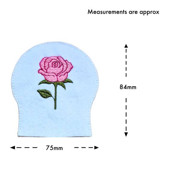 June birth flower tealight cover size guide showing the embroidered white felt cover with pink rose design, measuring approximately 75mm x 84mm.