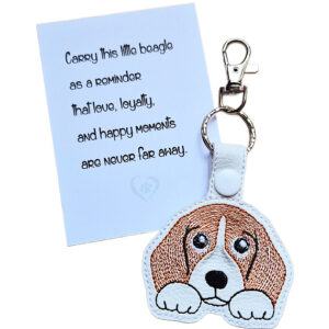 Kawaii Beagle keyring shown beside a keepsake card with a sentimental dog lover message.