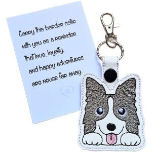 Kawaii Border Collie keyring shown beside a keepsake card with a sentimental dog lover message.