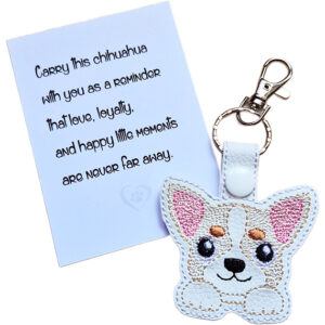 Kawaii Chihuahua keyring shown beside a keepsake card with a sentimental dog lover message.