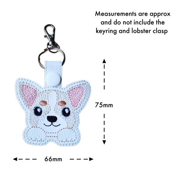 Kawaii Chihuahua keyring with size guide showing the embroidered dog design measures approximately 75mm x 66mm, excluding the keyring and lobster clasp.