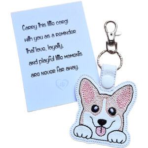 Kawaii Corgi keyring shown beside a keepsake card with a sentimental dog lover message.