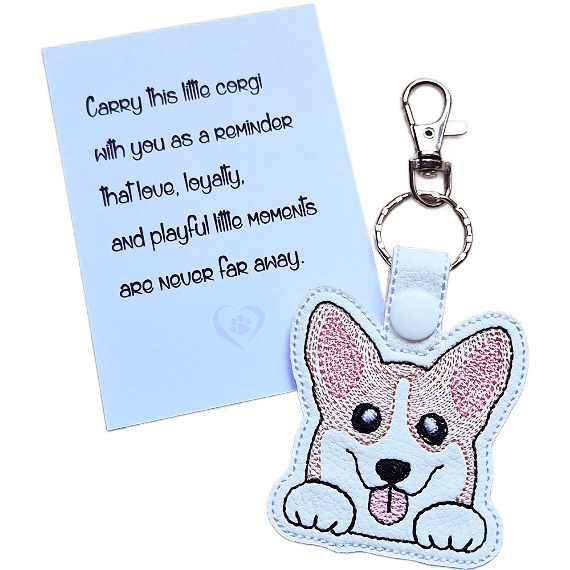 Kawaii Corgi keyring shown beside a keepsake card with a sentimental dog lover message.