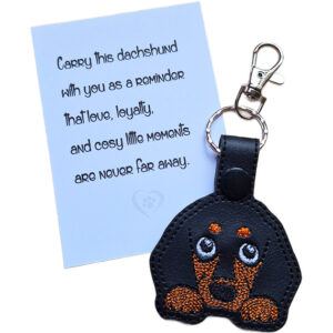 Black Kawaii Dachshund keyring shown beside a keepsake card with a sentimental sausage dog lover message.