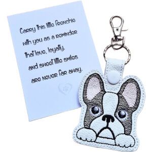 Kawaii French Bulldog keyring shown beside a keepsake card with a sentimental Frenchie dog lover message.