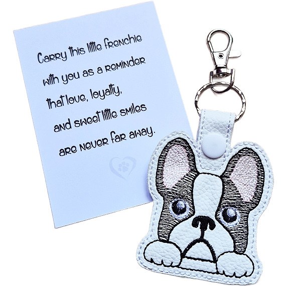 Kawaii French Bulldog keyring shown beside a keepsake card with a sentimental Frenchie dog lover message.