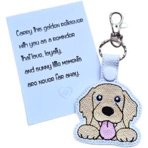 Kawaii Golden Retriever keyring shown beside a keepsake card with a sentimental dog lover message.