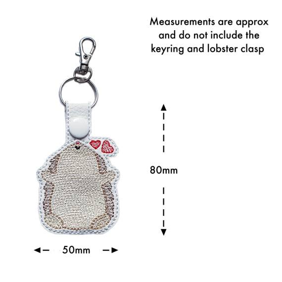 Embroidered Kawaii Hedgehugs keyring with size guide showing approximate measurements of 80mm by 50mm excluding the keyring and lobster clasp.