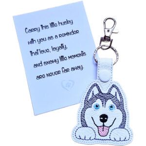 Kawaii Husky keyring shown beside a keepsake card with a sentimental dog lover message.