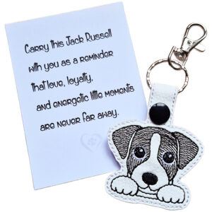 Kawaii Jack Russell keyring shown beside a keepsake card with a sentimental terrier lover message.
