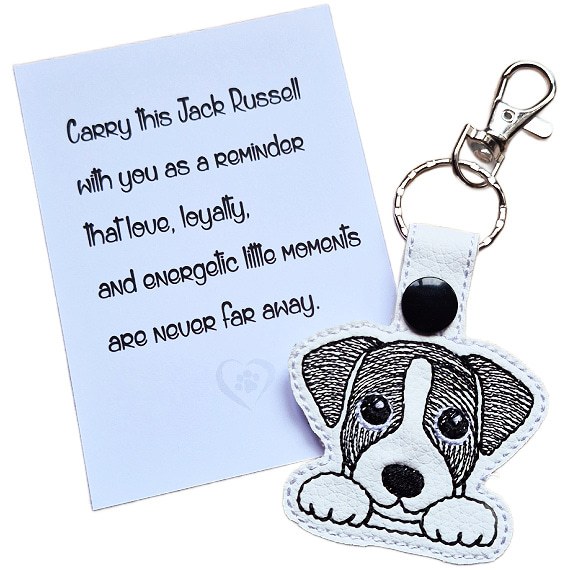 Kawaii Jack Russell keyring shown beside a keepsake card with a sentimental terrier lover message.