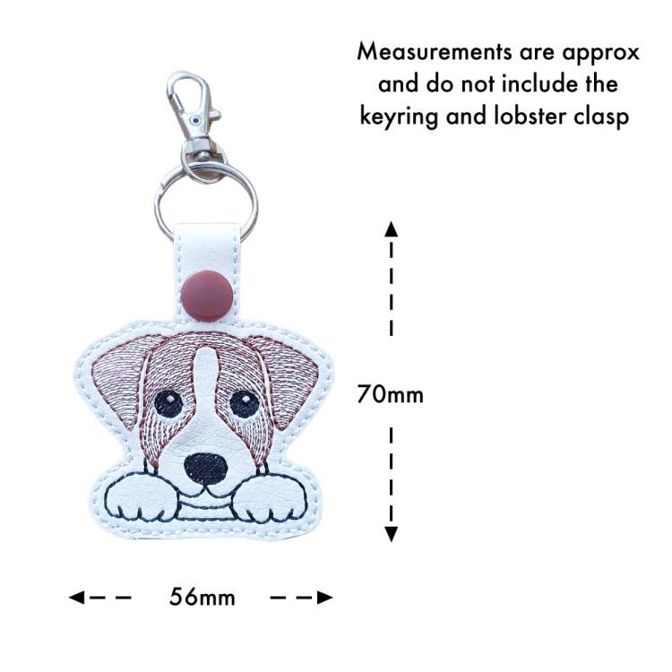 Kawaii Jack Russell Terrier keyring with size guide showing the embroidered dog design measures approximately 70mm x 56mm, excluding the keyring and lobster clasp.
