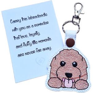 Kawaii Labradoodle keyring shown beside a keepsake card with a sentimental dog lover message.