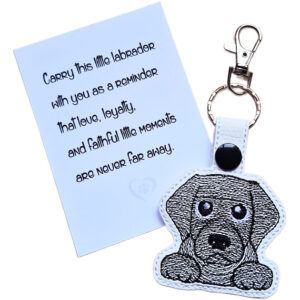 Kawaii Labrador keyring shown beside a keepsake card with a sentimental dog lover message.