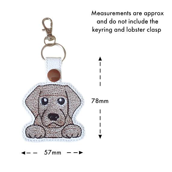 Kawaii Chocolate Labrador keyring with size guide showing the embroidered dog design measures approximately 78mm x 57mm, excluding the keyring and lobster clasp.