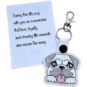 Kawaii Pug keyring shown beside a keepsake card with a sentimental dog lover message.