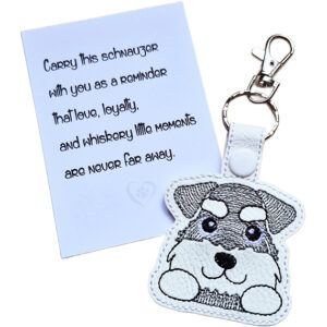 Kawaii Schnauzer keyring shown beside a keepsake card with a sentimental dog lover message.