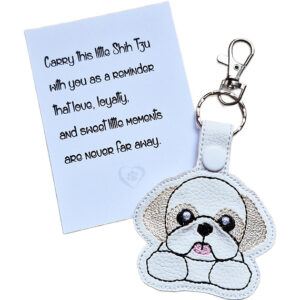 Kawaii Shih Tzu keyring shown beside a keepsake card with a sentimental dog lover message.