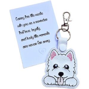 Kawaii West Highland Terrier keyring shown beside a keepsake card with a sentimental Westie dog lover message.